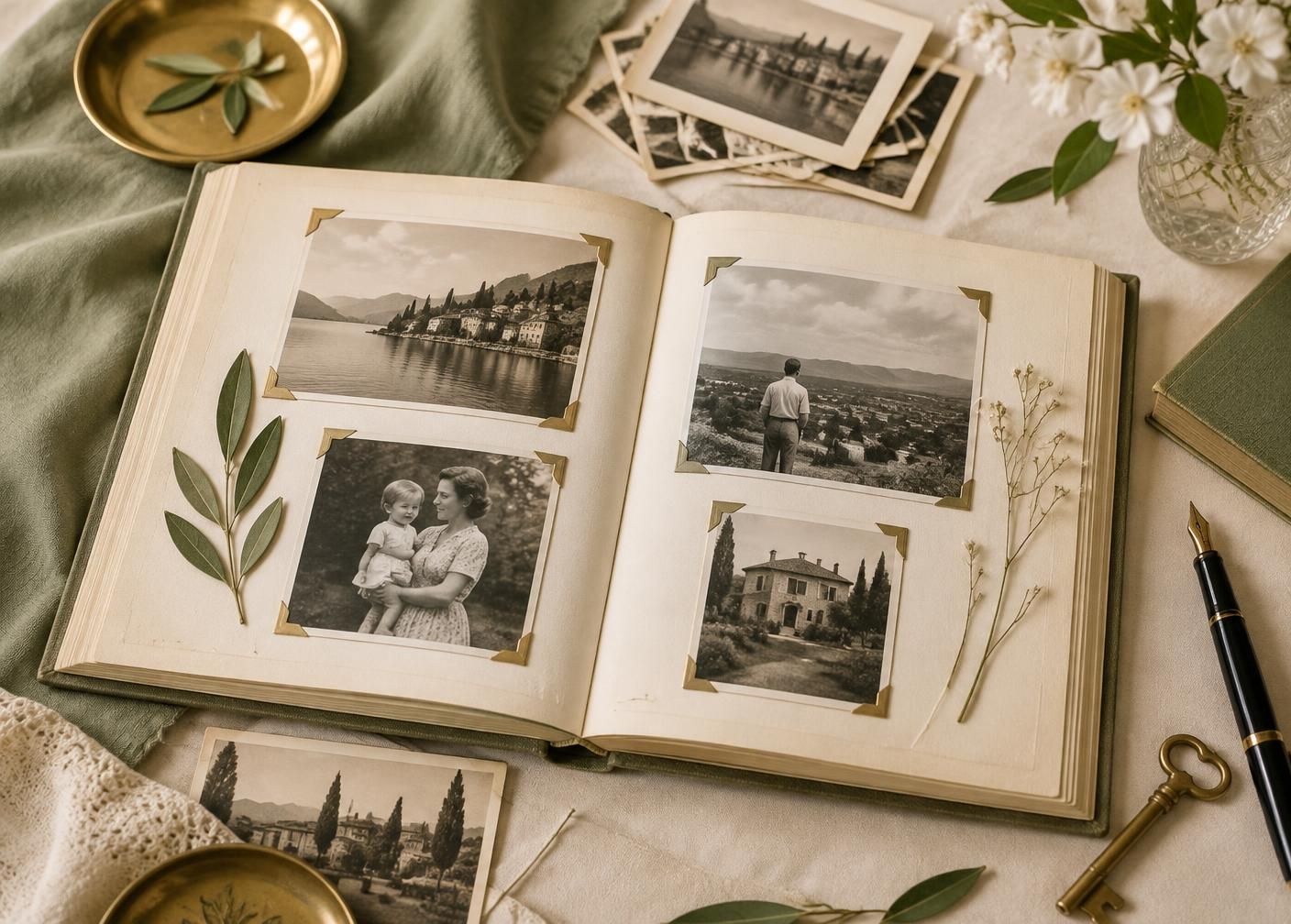 An open linen-bound family album with vintage prints, a pen and pressed leaves