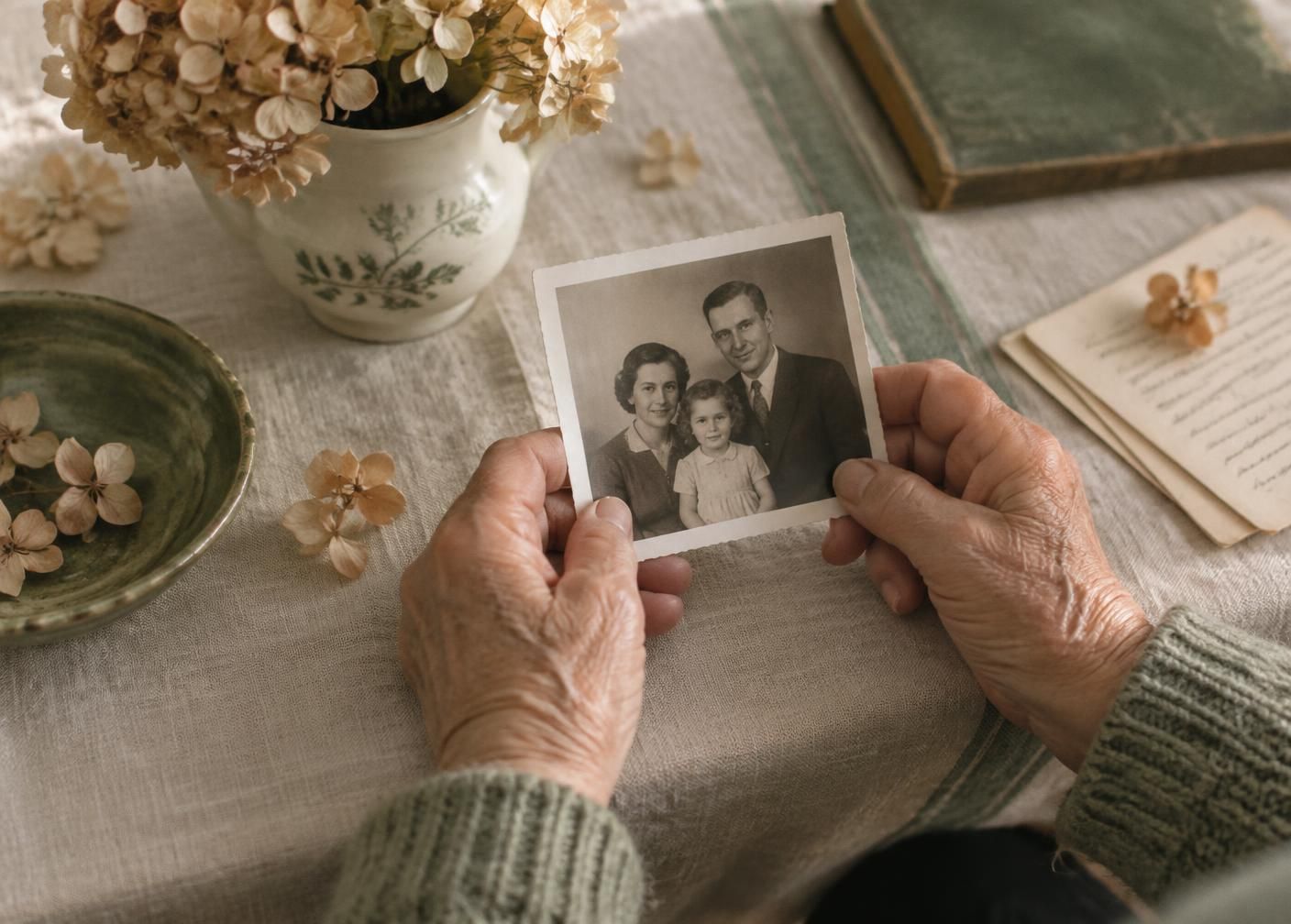 Weathered hands holding a small black-and-white family photograph on a linen tablecloth