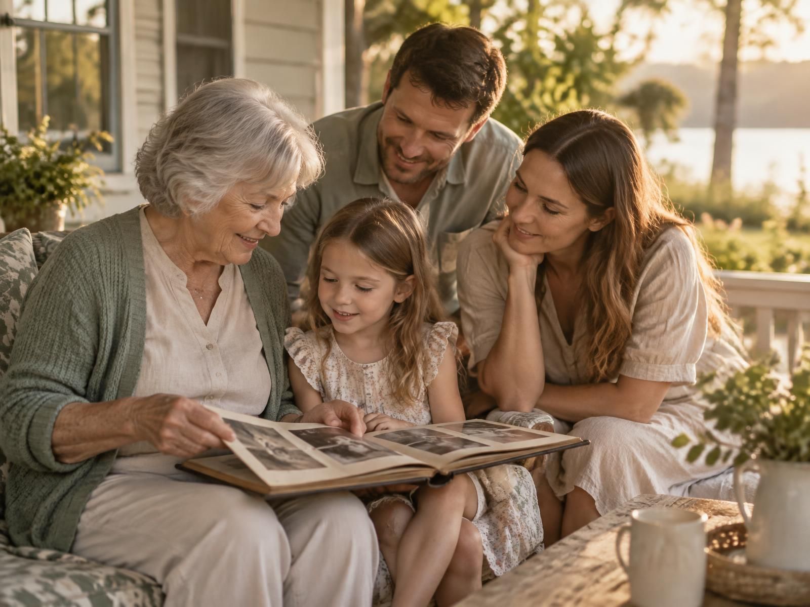 A grandmother showing an old photo album to her granddaughter on a sunlit porch, parents looking on