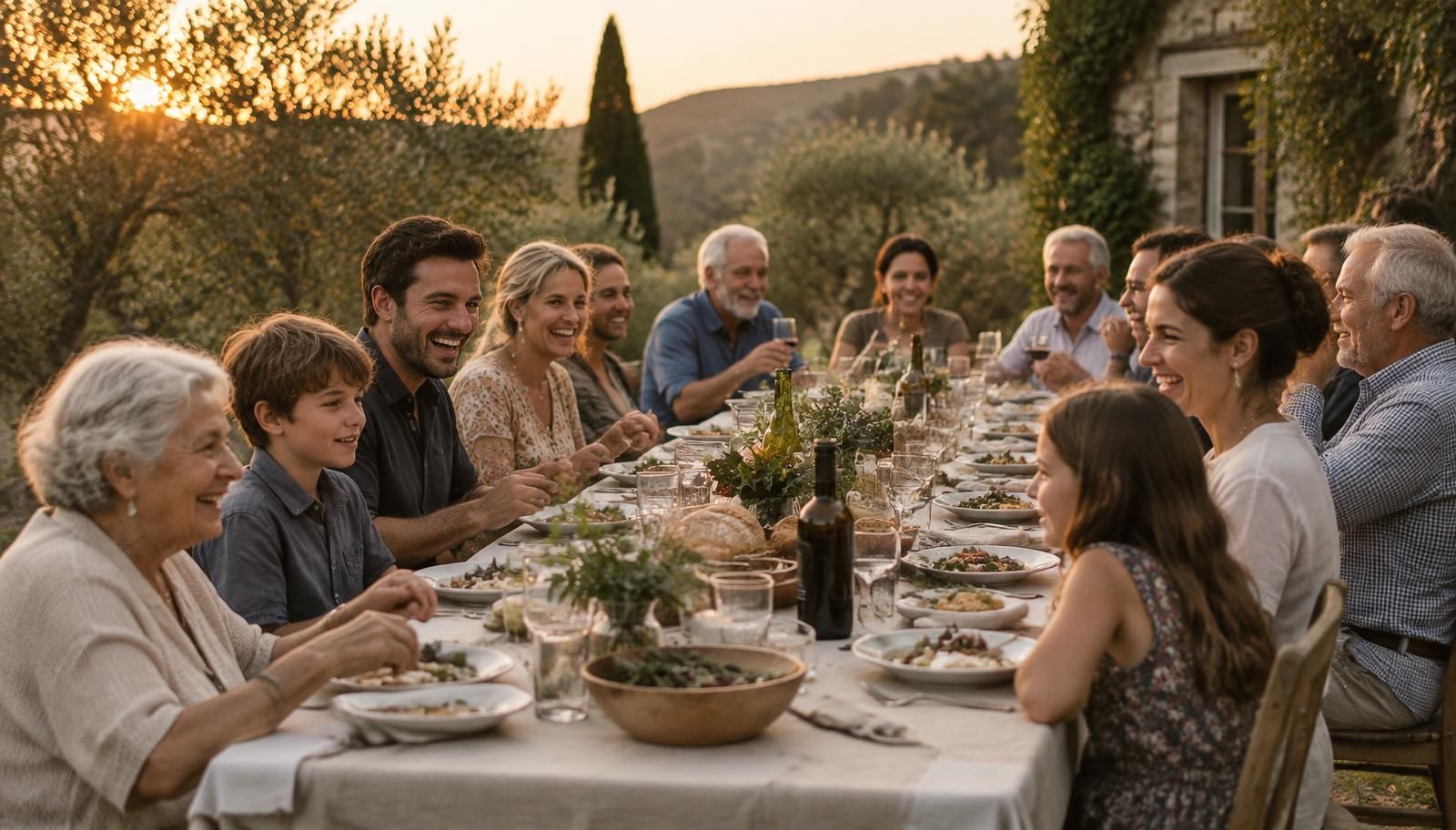 A long family table set in a garden at golden hour, several generations gathered